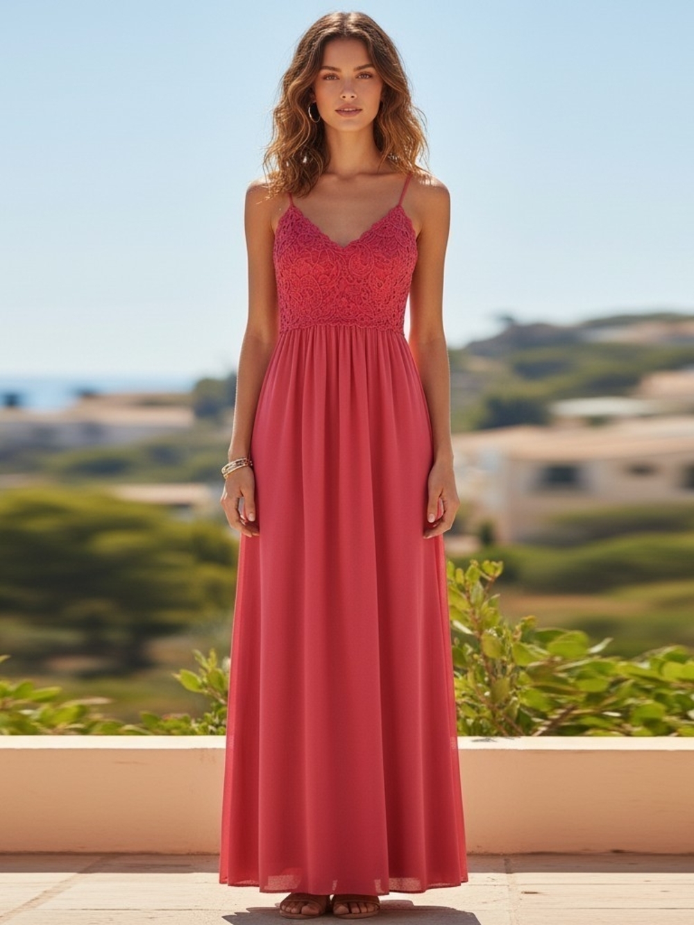 BiBi Lace Crochet Top Open Back Maxi Dress Hot Pink Boho Sundress Size Small